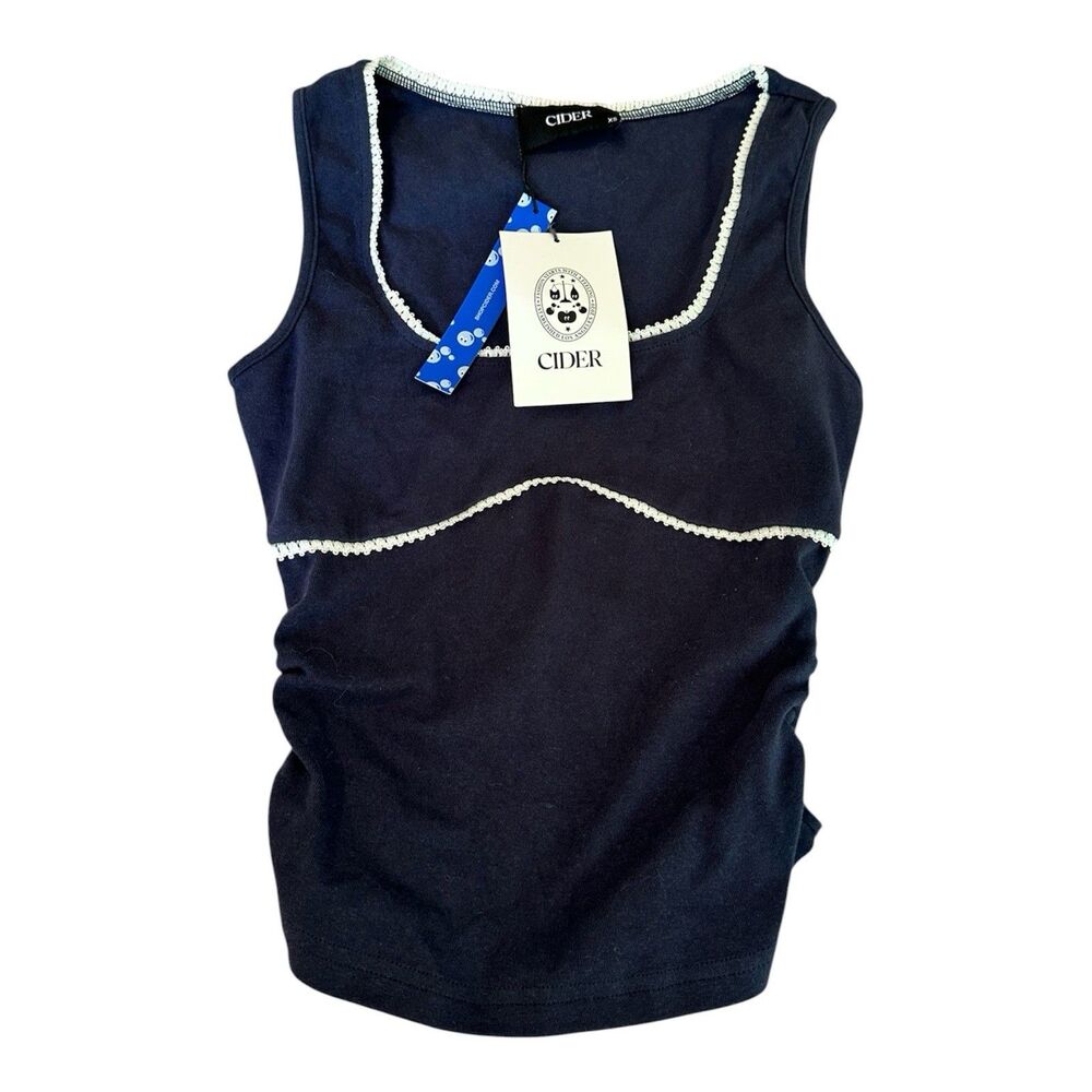 NWT Cider Blue Lace Trim Tank Top Scoop Neck Cotton Blend Size XS
